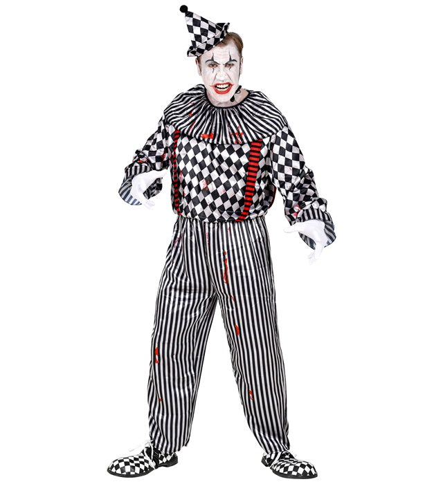 Retro Clown Kostüm mit buntem Overall, Clownkragen und Kopfbedeckung für Fasnacht