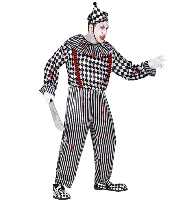Retro Clown Kostüm mit buntem Overall, Clownkragen und Kopfbedeckung für Fasnacht
