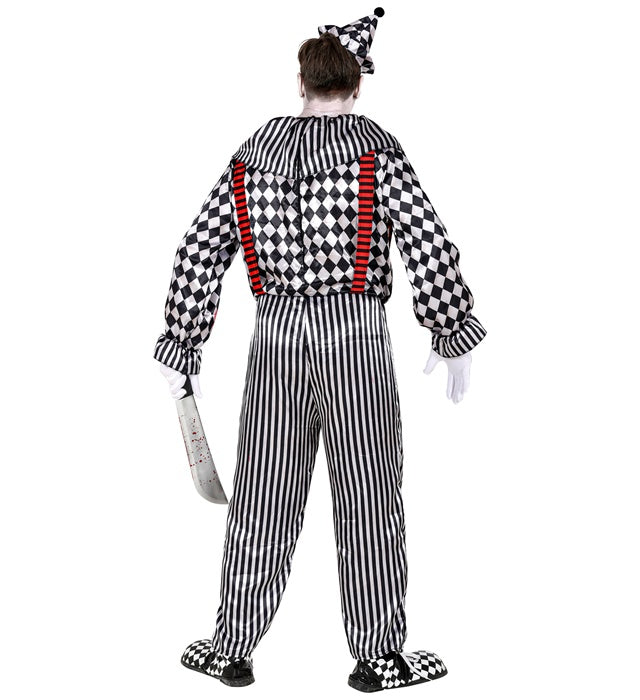 Retro Clown Kostüm mit buntem Overall, Clownkragen und Kopfbedeckung für Fasnacht
