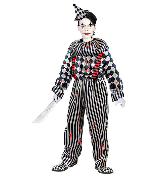 Retro Clown Kostüm mit buntem Overall, Clownkragen und Hosenträgern