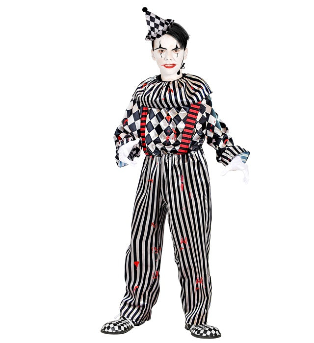 Retro Clown Kostüm mit buntem Overall, Clownkragen und Hosenträgern