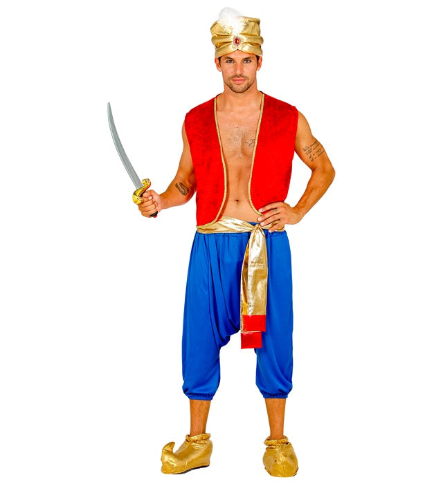 Aladdin Kostüm Set mit Weste, Hose, Schärpe und Turban auf weissem Hintergrund
