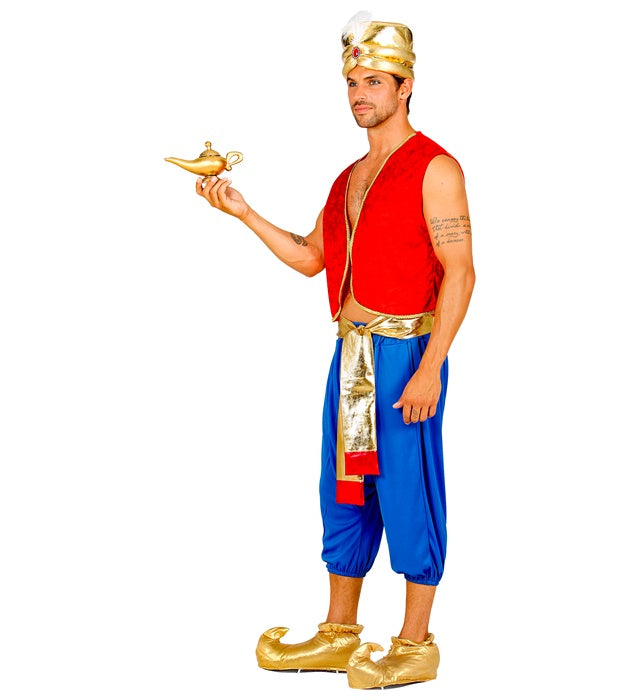 Aladdin Kostüm Set mit Weste, Hose, Schärpe und Turban auf weissem Hintergrund