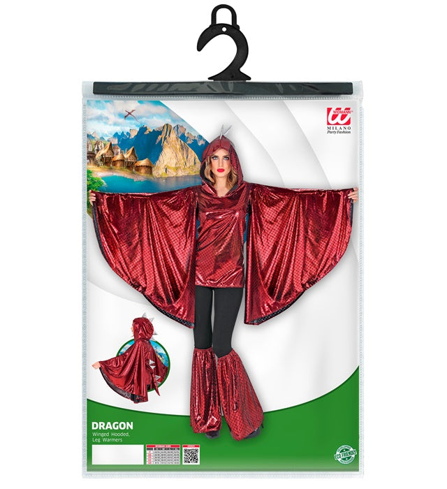 Drachen-Kostümshirt mit Flügeln, Kapuze und Schlagstulpen auf schwarzem Hintergrund