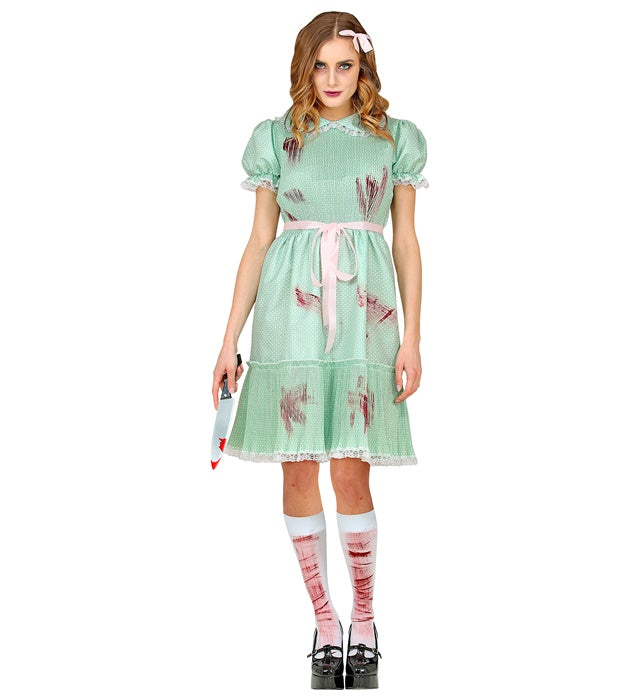 Killerpuppe-Kostüm mit Kleid, Gürtel und Strümpfen für Fasnacht und Halloween