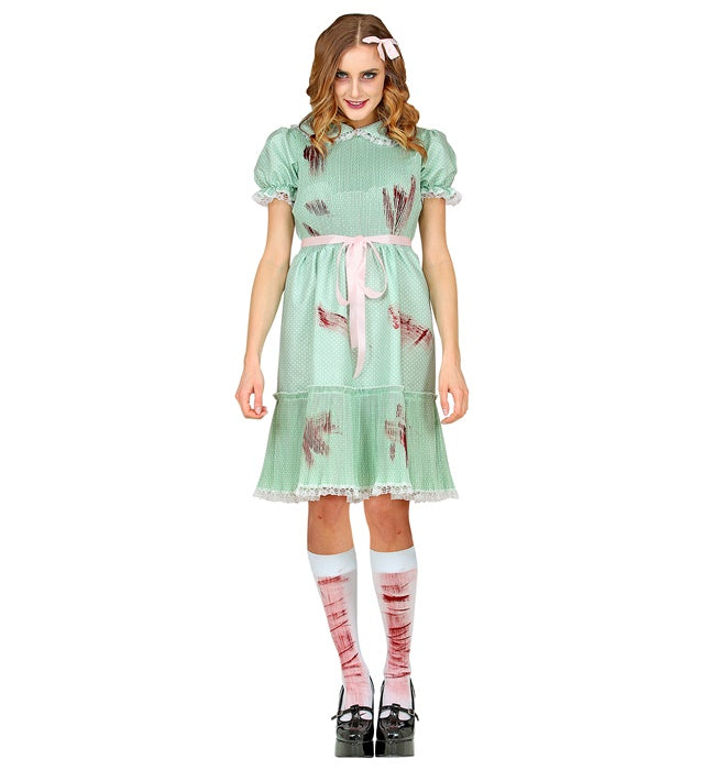 Killerpuppe-Kostüm mit Kleid, Gürtel und Strümpfen für Fasnacht und Halloween