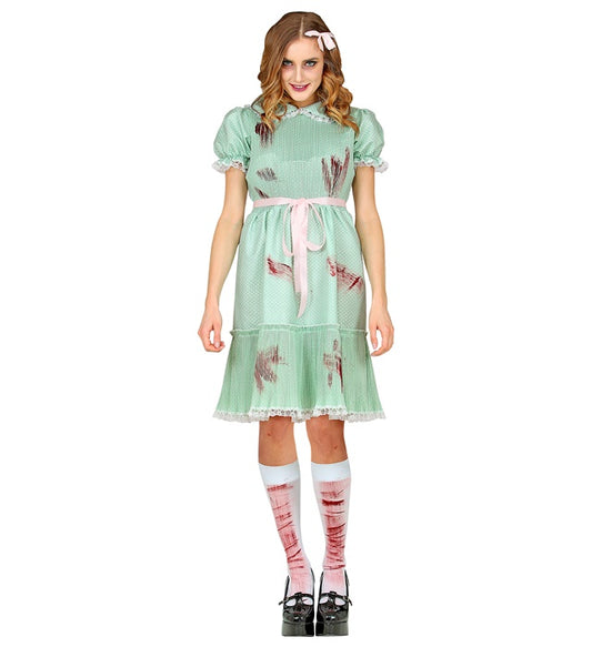 Killerpuppe-Kostüm mit Kleid, Gürtel und Strümpfen für Fasnacht und Halloween
