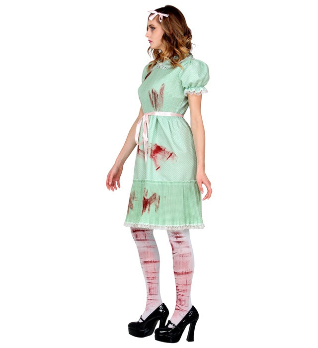 Killerpuppe-Kostüm mit Kleid, Gürtel und Strümpfen für Fasnacht und Halloween