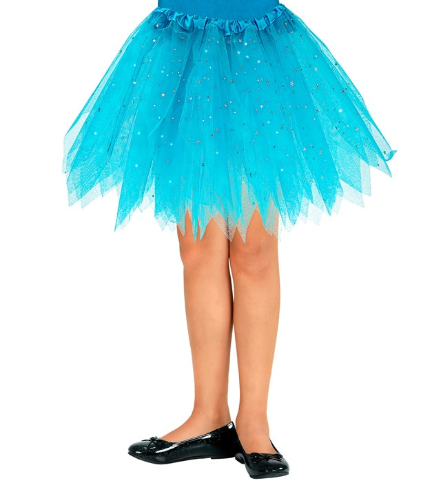 Hellblauer glitzernder Tutu-Rock mit 30 cm Länge auf weißem Hintergrund