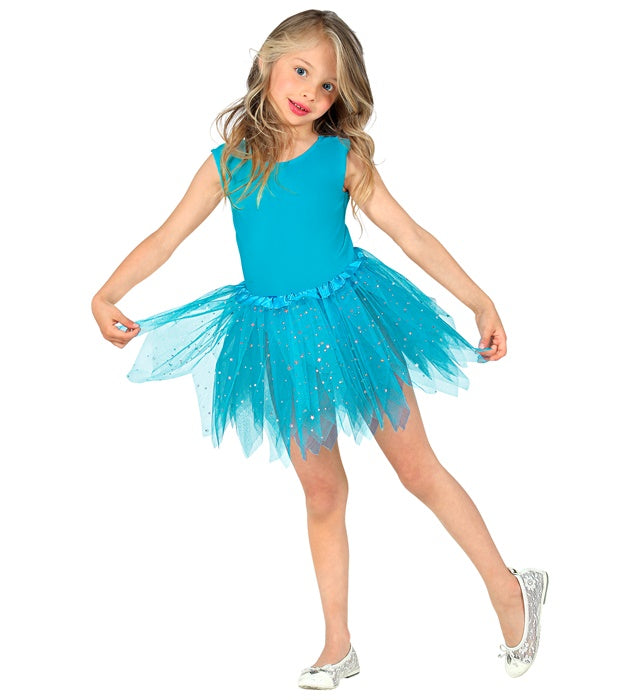 Hellblauer glitzernder Tutu-Rock mit 30 cm Länge auf weißem Hintergrund