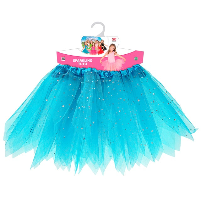 Hellblauer glitzernder Tutu-Rock mit 30 cm Länge auf weißem Hintergrund