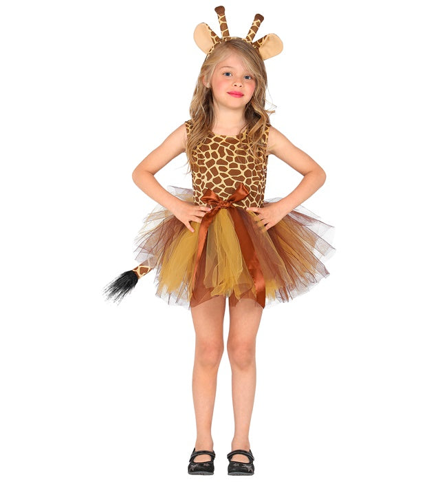 Kind trägt Giraffen-Kostüm mit gelbem Tutu und Haarreif mit Giraffen-Ohren