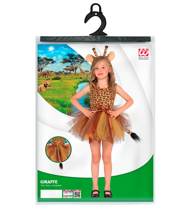 Kind trägt Giraffen-Kostüm mit gelbem Tutu und Haarreif mit Giraffen-Ohren