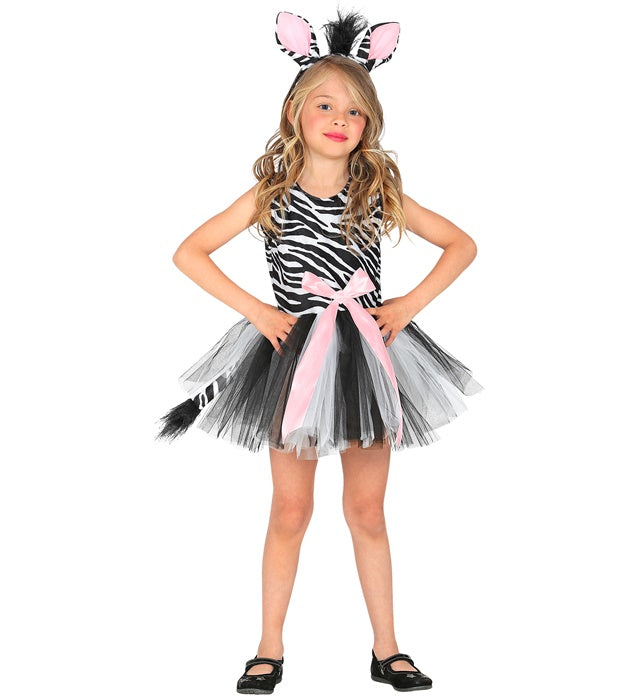 Kinderkostüm Zebra mit gestreiftem Kleid, Tutu und Haarreif mit Zebra-Ohren