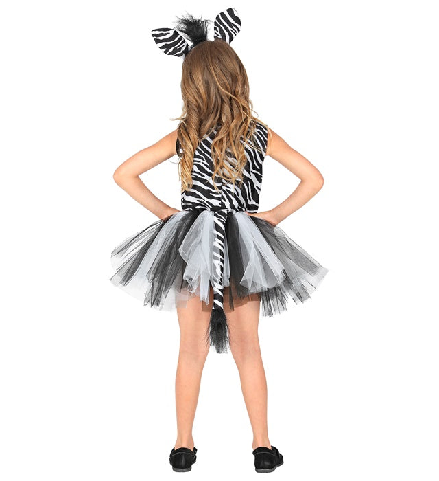 Kinderkostüm Zebra mit gestreiftem Kleid, Tutu und Haarreif mit Zebra-Ohren