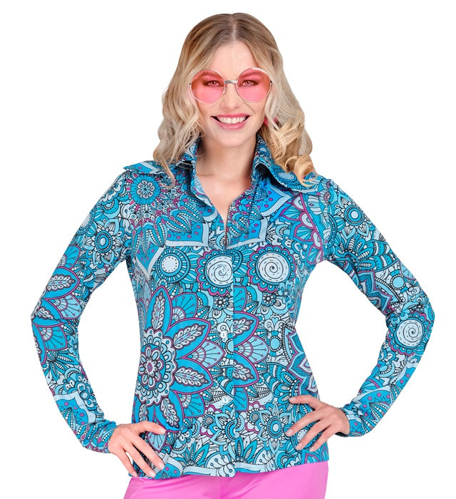 Blaues Mandala 60s Fashion Bluse im Retro-Stil für Fasnacht und Mottoparty