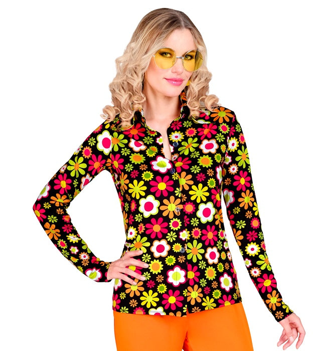 Blumige 60er-Jahre Bluse im Flower Power Stil für Fasnacht