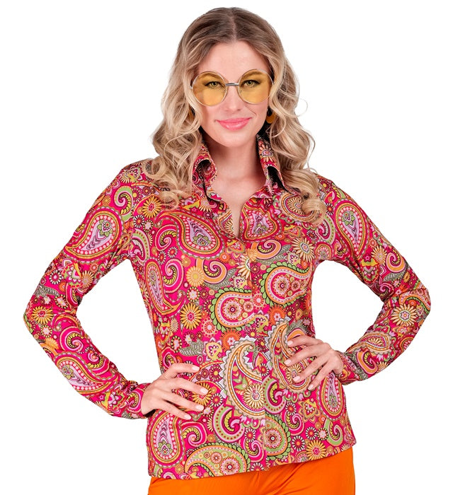 Paisley-Bluse im 60er-Jahre Stil mit buntem Muster für Fasnacht und Karneval