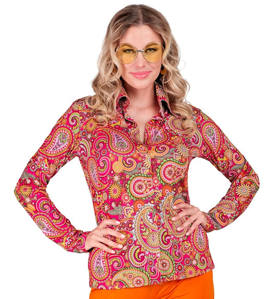 Paisley-Bluse im 60er-Jahre Stil mit buntem Muster für Fasnacht und Karneval