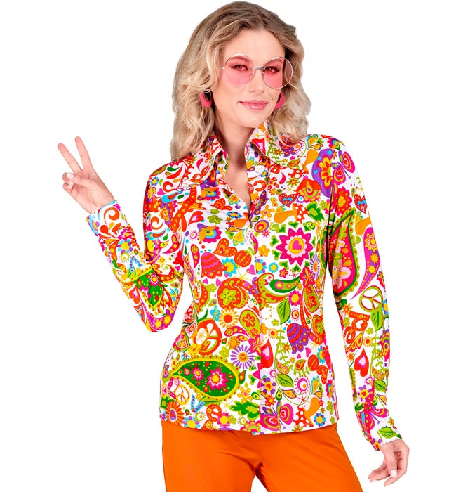 THE 60s FASHION Peace & Paisley Bluse mit buntem Paisley-Muster und Peace-Zeichen