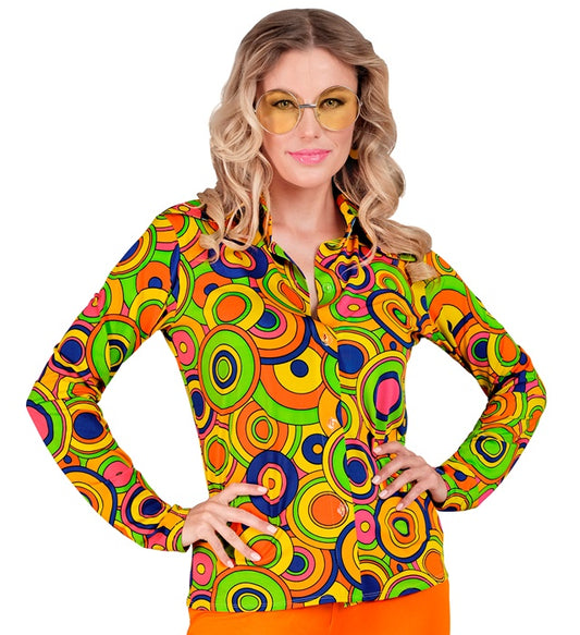 Gelbe 70er Jahre Bluse mit Kreisen im Retro-Stil für Fasnacht