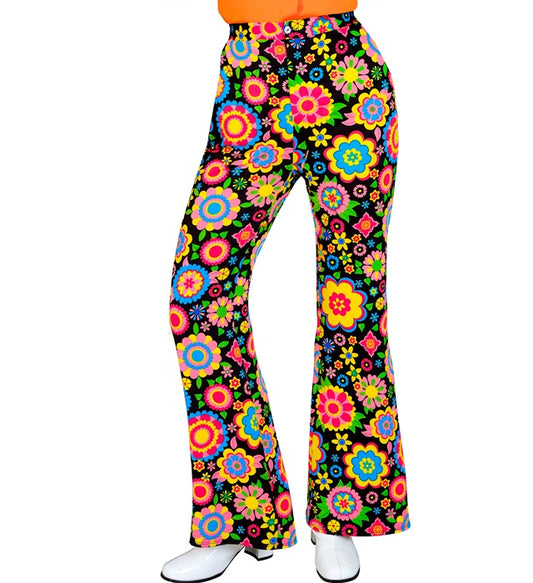 Bunte 60s Flower-Power Hose mit farbenfrohen Blumenmuster für Fasnacht