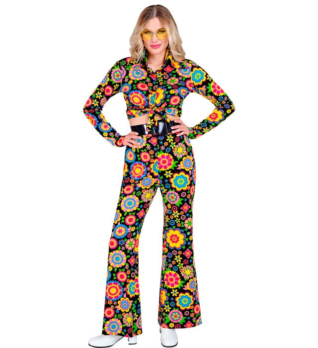 Bunte 60s Flower-Power Hose mit farbenfrohen Blumenmuster für Fasnacht