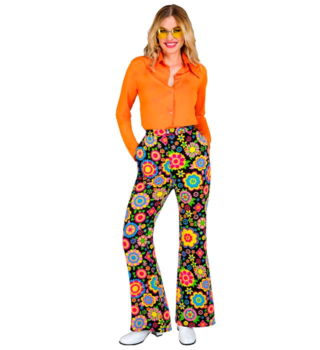 Bunte 60s Flower-Power Hose mit farbenfrohen Blumenmuster für Fasnacht