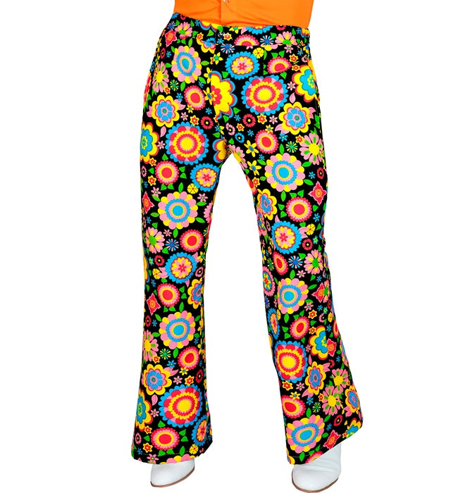Bunte 60er Jahre Flower-Power Hose mit farbenfrohem Blumenmuster für Fasnacht