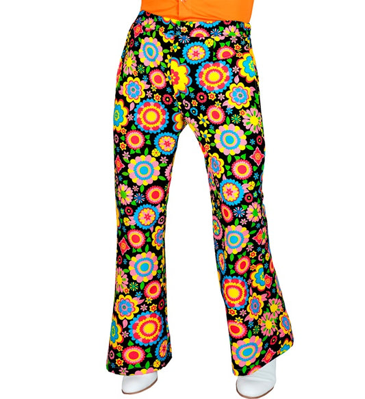 Bunte 60er Jahre Flower-Power Hose mit farbenfrohem Blumenmuster für Fasnacht