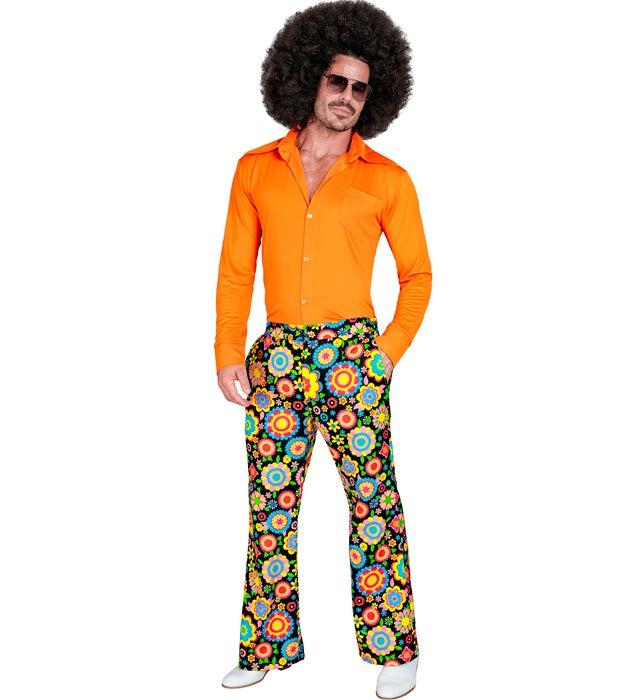 Bunte 60er Jahre Flower-Power Hose mit farbenfrohem Blumenmuster für Fasnacht