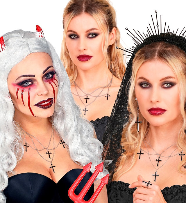 Schwarze Kette mit Kreuz-Anhängern als Accessoire für Halloween und Fasnacht