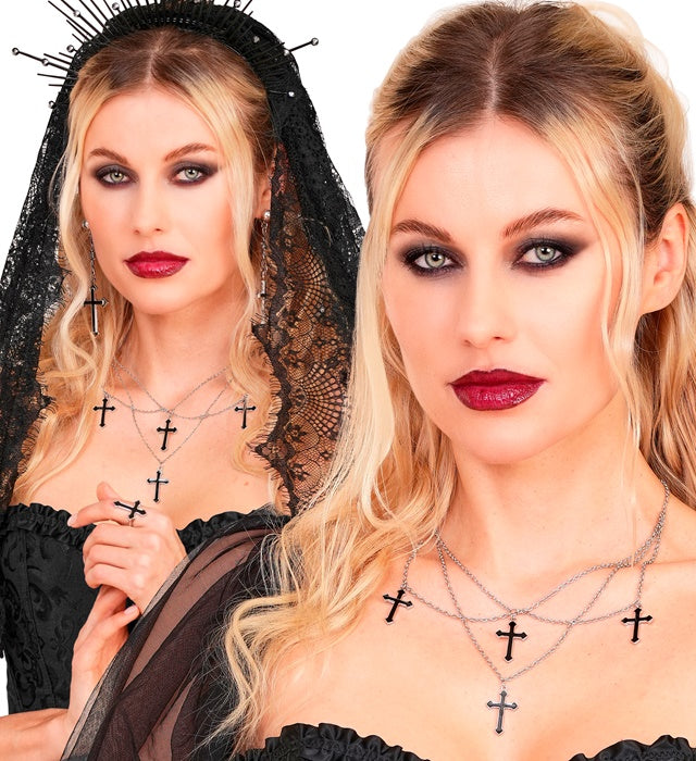 Schwarze Kette mit Kreuz-Anhängern als Accessoire für Halloween und Fasnacht