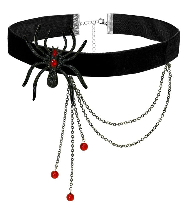 Schwarzes Halsband mit Spinnen-Motiv und roten Strasssteinen