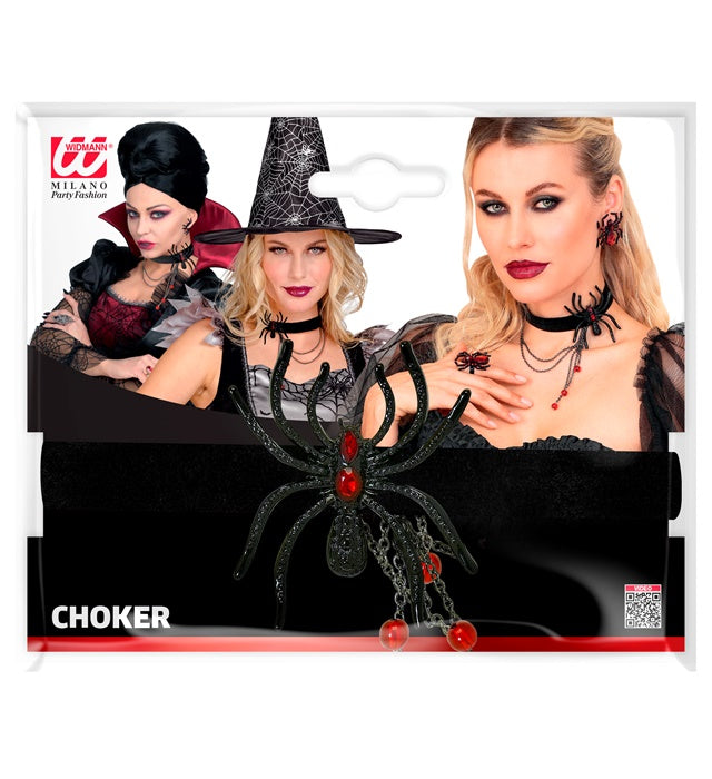 Schwarzes Halsband mit Spinnen-Motiv und roten Strasssteinen
