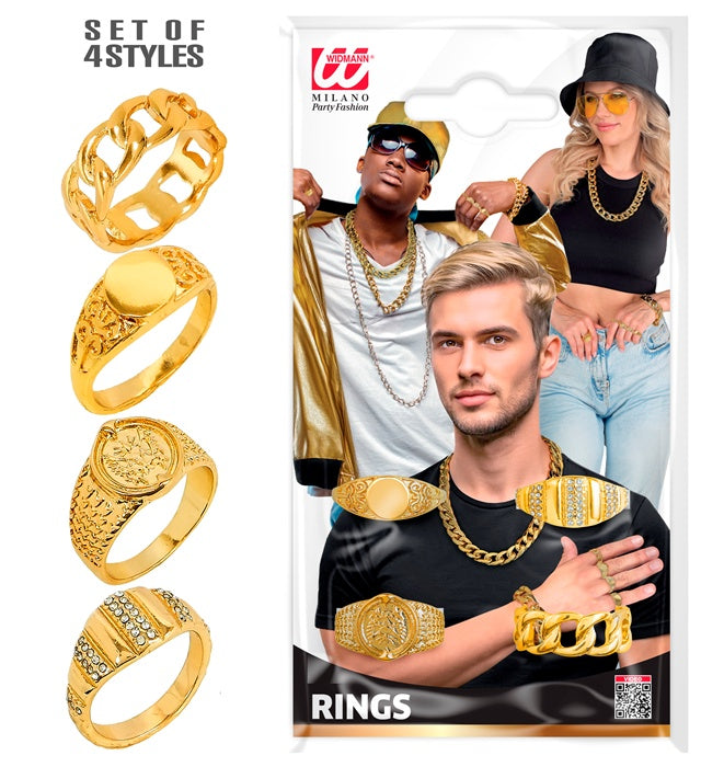 Set mit 4 goldfarbenen Ringen auf Karte als Fasnachts-Accessoire