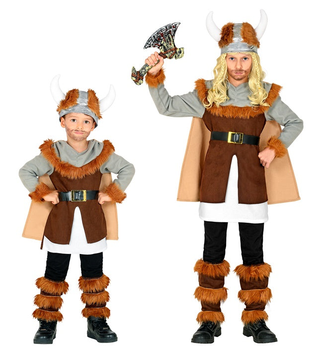 Wikinger-Kostüm mit Tunika, Gürtel, Umhang, Beinstulpen und Helm