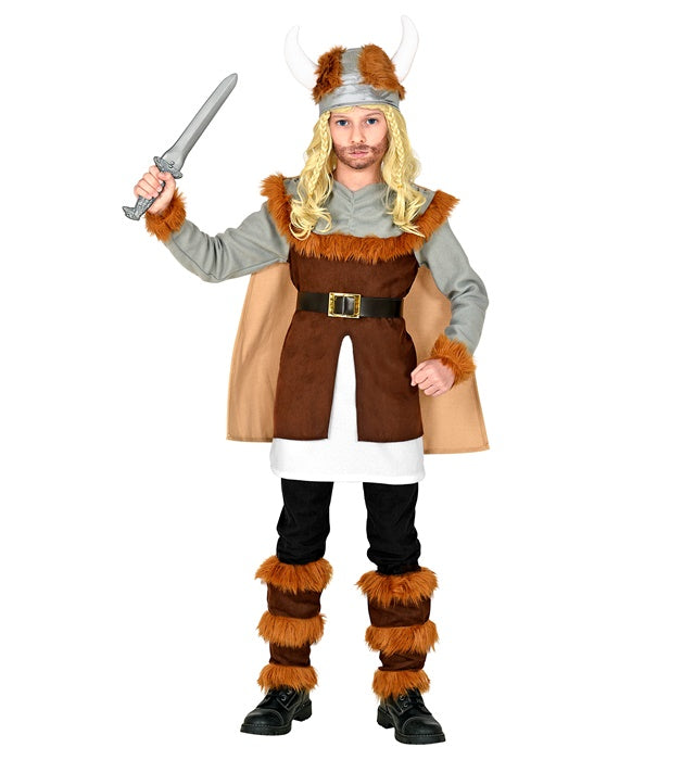 Wikinger-Kostüm mit Tunika, Gürtel, Umhang, Beinstulpen und Helm