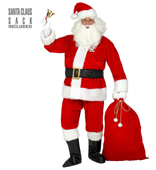 Weihnachtsmann-Kostüm mit Jacke, Hose, Mütze, Bart, Brille und Sack