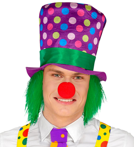 Gepunkteter clown Zylinder mit roten Haaren