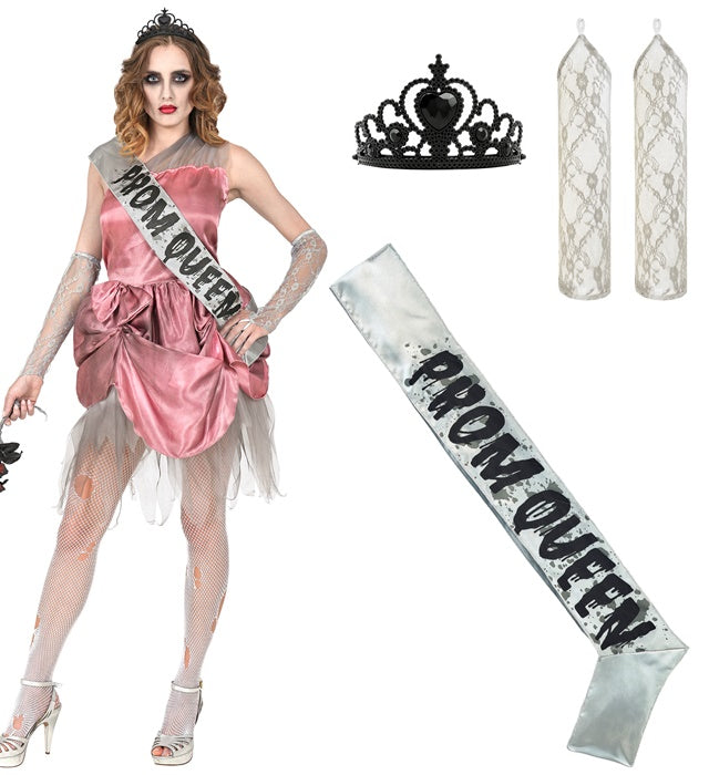 Zombie Ballkönigin Kostüm mit Kleid, Schärpe, Tiara und fingerlosen Handschuhen