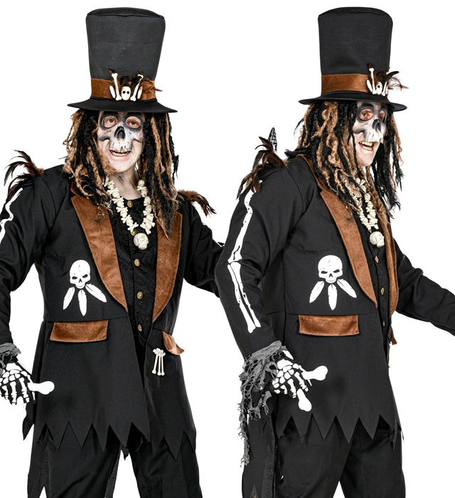 Voodoo Priester Kostüm mit Weste und Hut auf schwarzem Hintergrund