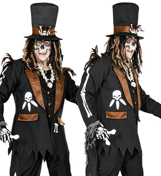 Voodoo Priester Kostüm mit Weste und Hut auf schwarzem Hintergrund