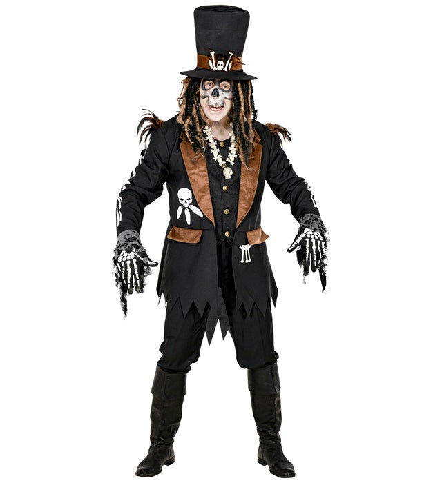 Voodoo Priester Kostüm mit Weste und Hut auf schwarzem Hintergrund