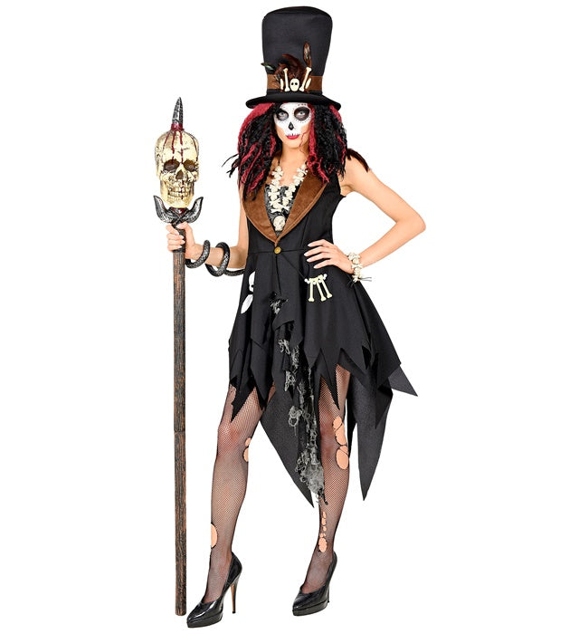 Voodoo Priesterin Kostüm mit schwarzem Kleid und dekorativem Hut