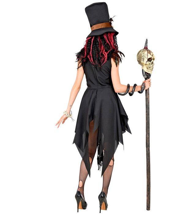 Voodoo Priesterin Kostüm mit schwarzem Kleid und dekorativem Hut