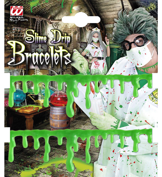 Set aus zwei schwarzen Armbändern mit grünen tropfenförmigen Slime-Elementen