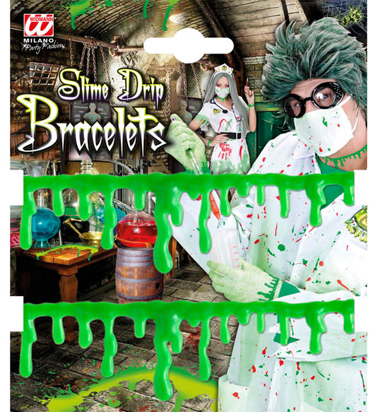 Set aus zwei schwarzen Armbändern mit grünen tropfenförmigen Slime-Elementen