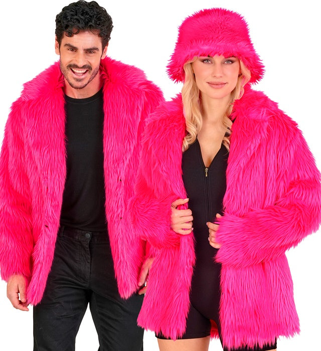 Leuchtend neon pinke Plüschjacke für Fasnacht und Karneval