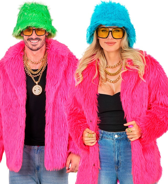 Leuchtend neon pinke Plüschjacke für Fasnacht und Karneval